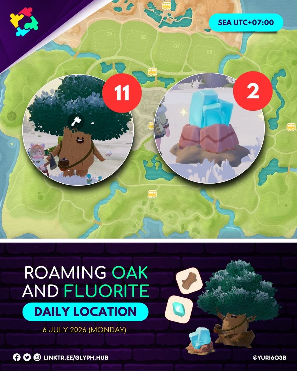 Glyph_Hub's tweet photo. [HEARTOPIA]

Roaming Oak Tree and Fluorite Location
6 JULY 2026 (MONDAY)

📌 Sea Server (UTC+7)
🪵 Roaming Oak - 11
💎Fluorite - 2

#Heartopia #HeartopiaTips #HeartopiaGuide https://t.co/3nKfaDS5Aw