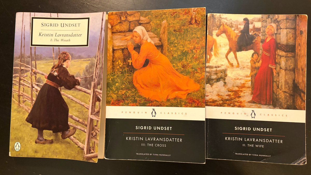 rSanti97's tweet photo. Now might be a good time to recommend Kristin Lavransdatter, my book(s) of the summer — Norwegian medieval saga, won the Nobel in 1928, spiritually intense. Tiina Nunnally translation. https://t.co/8tRyMmcLH6