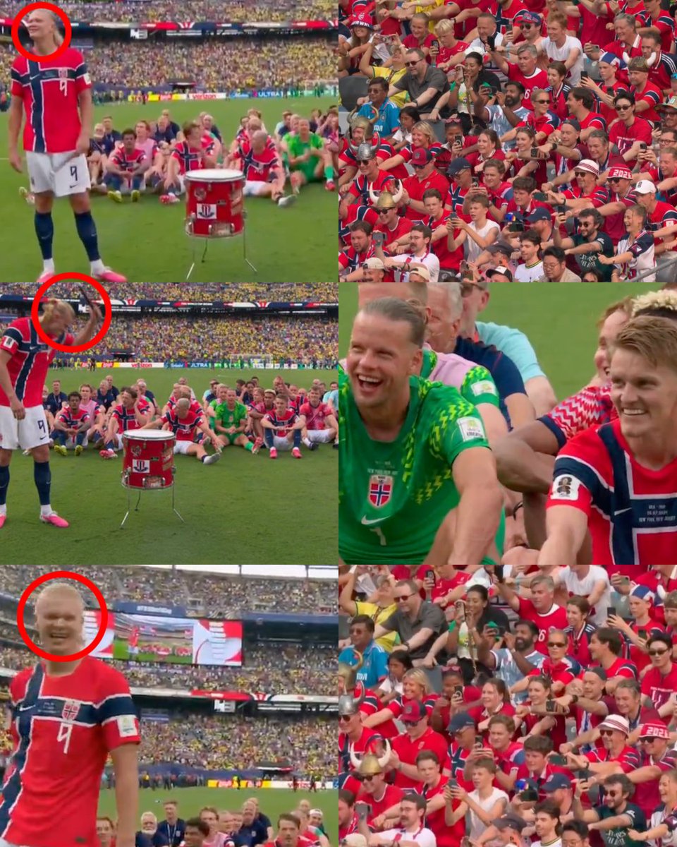 InvictosSomos's tweet photo. Ufff, tenemos que hablar de este MOMENTAZO. Después de eliminar a Brasil de la Copa del Mundo, la Selección de Noruega hizo su ICÓNICO REMO VIKINGO para celebrar. Pero esta vez Martin Odegaard no lo lideró. El capitán le cedió el honor a su compañero Erling Haaland, quien marcó el doblete con el que echaron al país más ganador en toda la historia de los Mundiales. La sonrisa del Androide lo dice absolutamente todo. Nunca antes había sido tan feliz. Y es que nada, absolutamente nada, se compara con hacer historia con tu selección nacional. GLORIA ETERNA.
