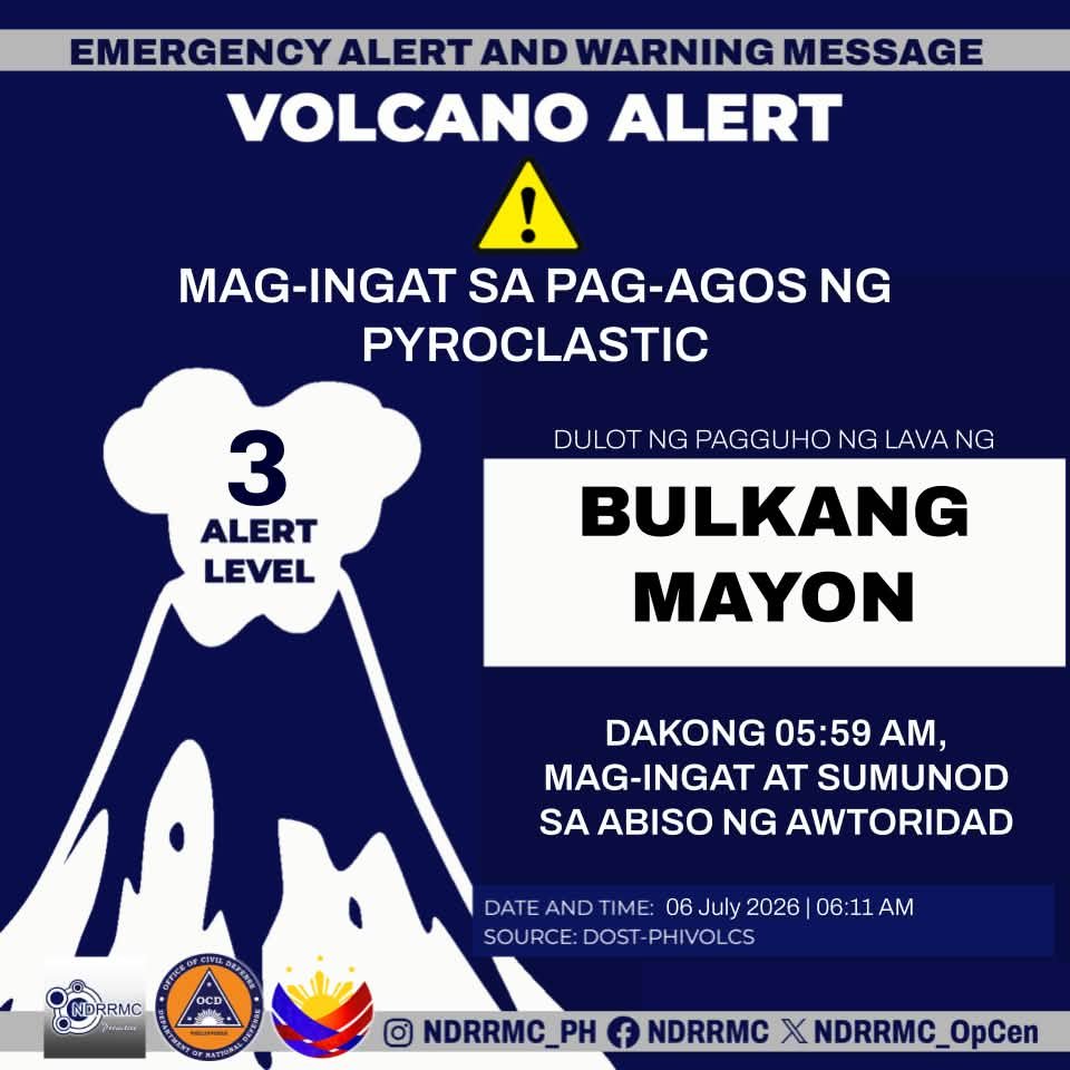 NDRRMC_OpCen's tweet photo. Maging alerto, lalawigan ng #Albay!
NDRRMC (6:11 AM, 6July26) Mag-ingat sa pag-agos ng pyroclastic dulot ng pagguho ng lava ng Bulkang Mayon dakong 5:59 AM.
#NDRRMC
#BawatSegundoMahalaga https://t.co/xTIorb60cu