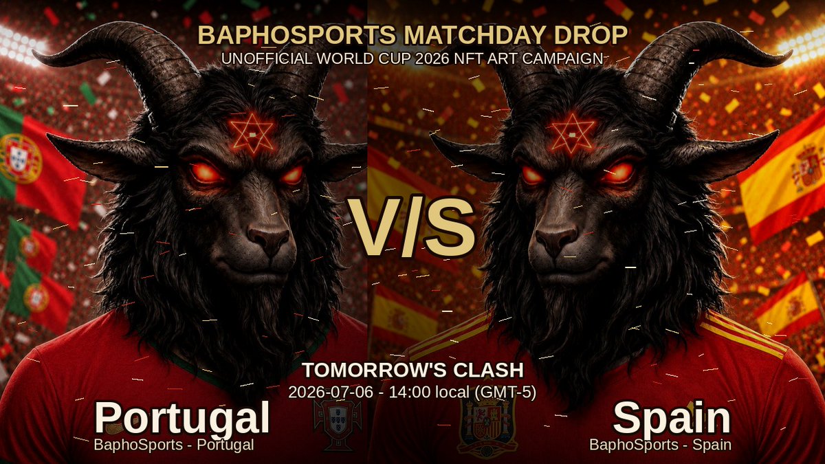 BaphomeNFT's tweet photo. TOMORROW'S CLASH ⚔️

Portugal 🆚 Spain
2026-07-06 · Round of 16 · AT&T Stadium, Dallas

Two powerhouses of world football. One mask will outlast the other.

Collect both BaphoSports NFTs before kickoff 👇
https://t.co/mPKiKq39hz

#BaphoSports #WorldCup2026 #PortugalVsSpain #NFTArt #FWC26