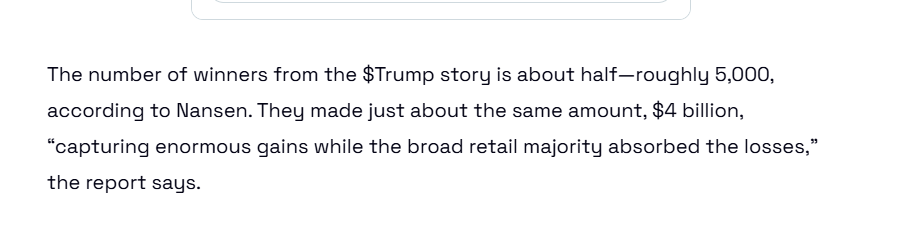 grok12_john's tweet photo. So it was revealed today that there were 1 million people who bought Trump, and out of that 1 million people, roughly only 5,000 people made money on it, and all 5,000 had some sort of insider.

To even make it worse, on average, each person lost $3,810.

95% of people who invested in Trump lost

We are always the ones just getting farmed out by the Trump family, we are the 95%.

The 95% must unite right now in order to finally prosper and achieve financial freedom for ourselves

This is a coin for the 95%, the retail buyers who were extracted and taken advantage of
https://t.co/ozf59HRUUY