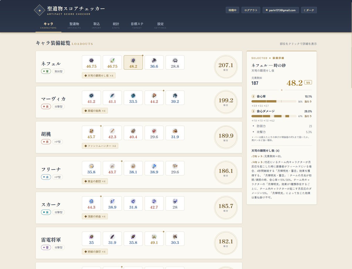 score_checker's tweet photo. 聖遺物の厳選と管理、しんどくないですか。

聖遺物スコアチェッカーが全面リニューアルしました。
PCアプリ版、キャラクター画面、目標ステータス管理など便利な機能を豊富に用意しました。

どのサブステータスが運よく伸びたのかも一目瞭然。
#原神 #聖遺物 #聖遺物スコアチェッカー https://t.co/bCzne4OJVK