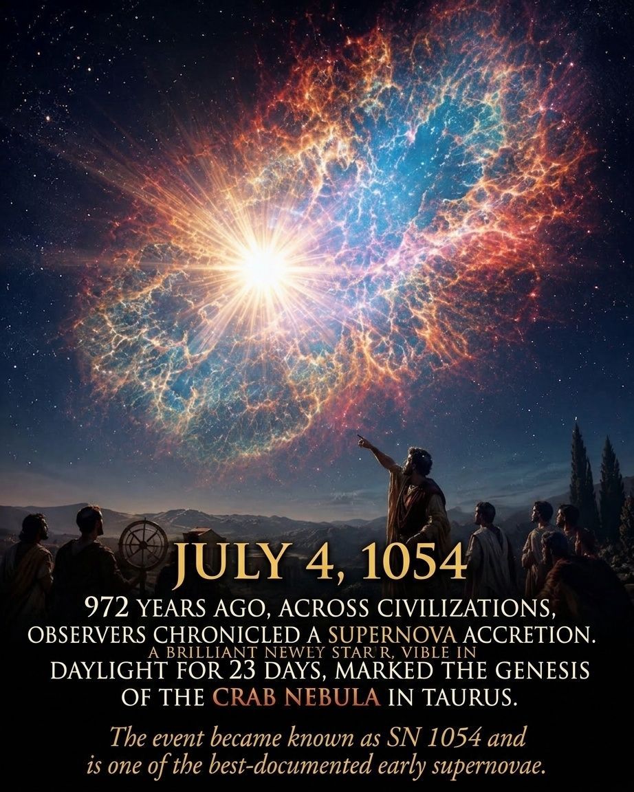zone_astronomy's tweet photo. 🚨 Imagine looking up at the sky and seeing a brand-new star so bright it was visible in broad daylight.

That's exactly what happened in 1054.

Skywatchers across the world witnessed one of the most spectacular stellar explosions in recorded history. A brilliant point of light suddenly appeared in the constellation Taurus, shining so intensely that it remained visible during the day for 23 consecutive days. Ancient Chinese astronomers carefully documented the event, and the mysterious object continued glowing in the night sky for nearly two years before fading away.

💥 What people thought was a "new star" was actually a supernova—the explosive death of a massive star located about 6,500 light-years from Earth.

In a single, powerful moment, the dying star blasted its outer layers into space, releasing an incredible amount of energy and creating a vast, expanding cloud of glowing gas and dust.

🌌 Nearly 1,000 years later, we can still see the aftermath of that explosion. Today it's known as the Crab Nebula.

At its heart is a rapidly spinning pulsar—the incredibly dense core left behind after the explosion. It's a remarkable reminder that an event witnessed by people nearly a millennium ago is still unfolding in the cosmos today.