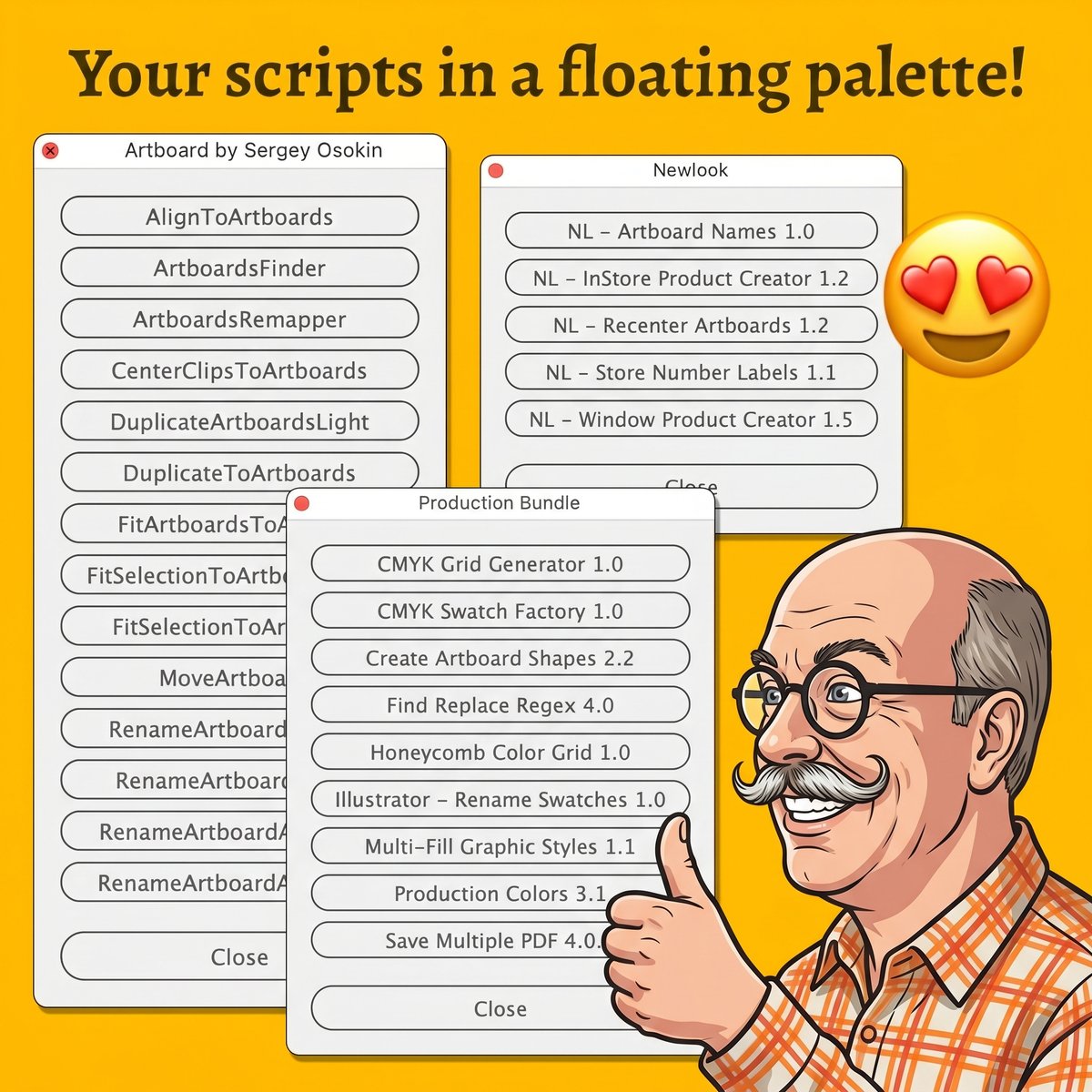 jctremblay's tweet photo. Is it possible to create floating palettes with custom scripts in #Illustrator?

The answer was usually no... But today this reality changed. Introducing [Script Launcher 1.0].

https://t.co/SLtA2c468D https://t.co/WnHc1PsLci