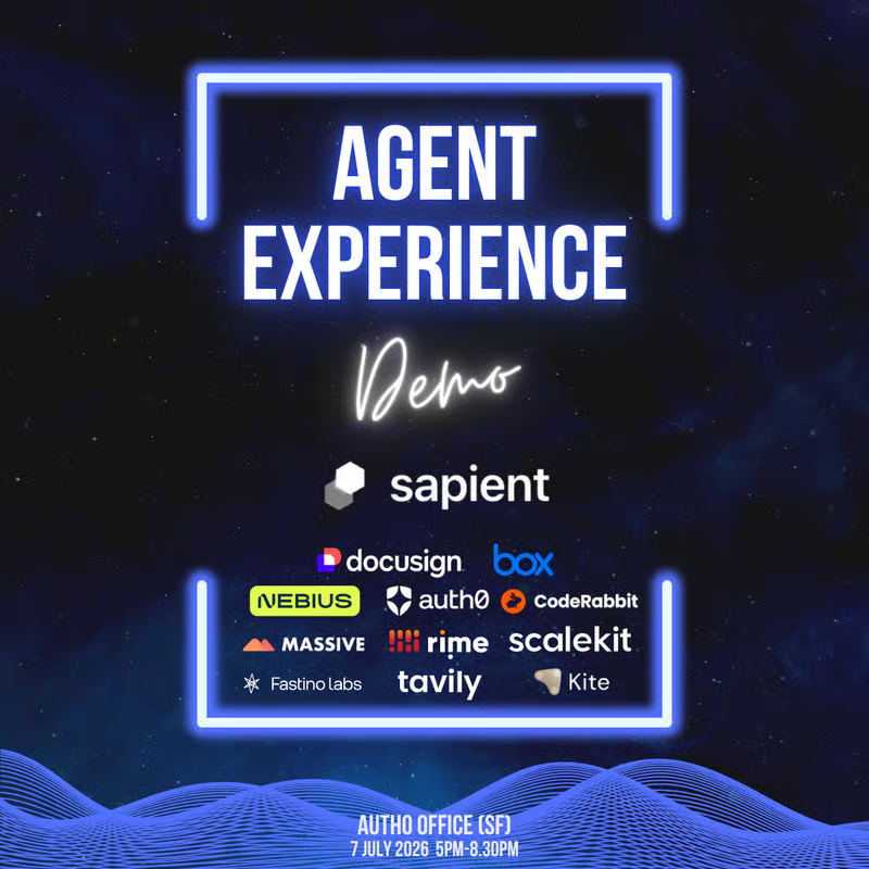 GoKiteAI's tweet photo. Before an AI agent can actually get work done, it needs a whole new stack: an identity, and the ability to search, to read documents, to review code, and to pay.

Tomorrow in San Francisco, @GoKiteAI shares the stage at Agent Experience Demo Night, hosted by Sapient, with a lineup of teams building the rest of that stack:

▷ @auth0: the identity and login layer, acquired by Okta
▷ @Docusign (Nasdaq: DOCU): the global standard for e-signature and agreements
▷ @Box (NYSE: BOX): enterprise content and documents in the cloud
▷ @nebiusai (Nasdaq: NBIS): AI cloud and GPU infrastructure for training and inference
▷ @coderabbitai: AI code review on every pull request
▷ @tavilyai: the search API built for AI agents

Our Co-Founder & CTO @scottshics will demo Kite's piece: a verifiable identity for every agent, and the ability to spend within limits you set.

📅 July 7th (Tue), 5:00-9:00 PM PDT
📍 Okta, 100 1st St, San Francisco

Register (host approval required): https://t.co/cf0YlJvCz2

See you there. 🪁