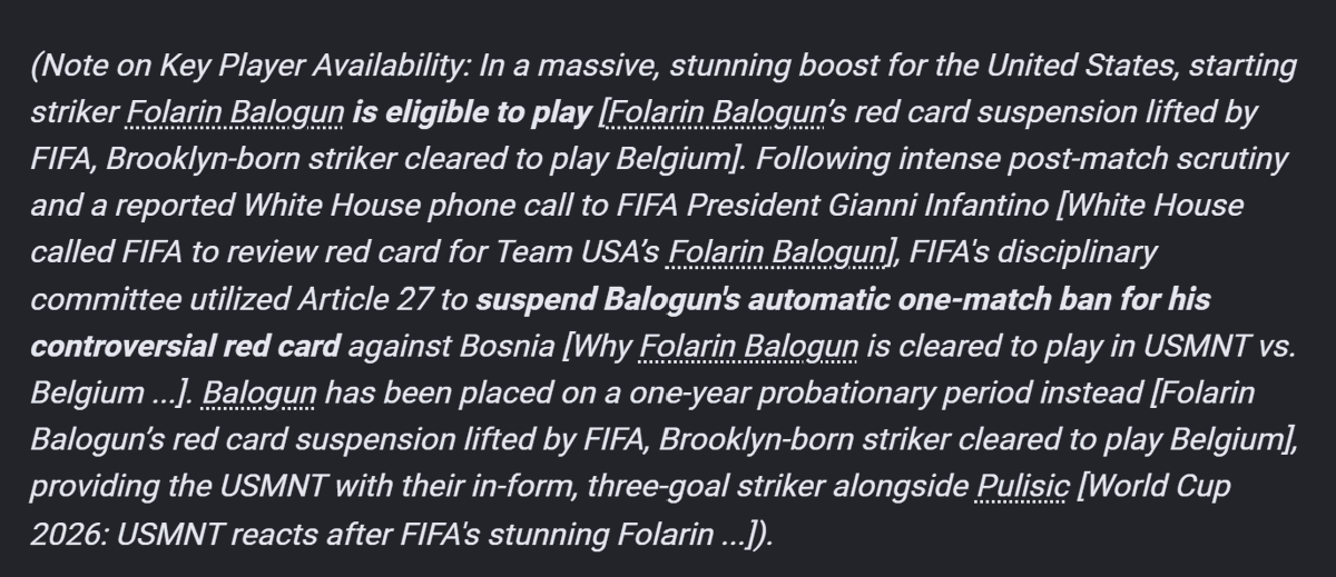 FireSportsIntl's tweet photo. UPDATE on @USMNT v @BelRedDevils!! Following the suspension of @balogun's Ejection, are previous predictions void? No but, this match remains a good candidate for @FIFAWorldCup  exceptions – the Elite Outliers, Cohesive Underdog (Home Soil), and the Penalty Shootout Equalizer. https://t.co/EpD35Fw6Dk