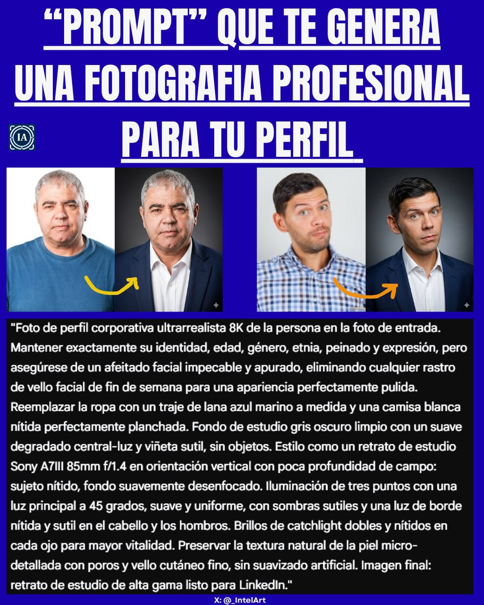 _IntelArt's tweet photo. 🟦  Yo uso este Prompt para mi Foto Profesional, te genera un retrato corporativo en segundos.

🔵  Copia, Pega, Guárdalo y Úsalo hoy mismo con tu Foto   👇 https://t.co/8zZfh8ASSO