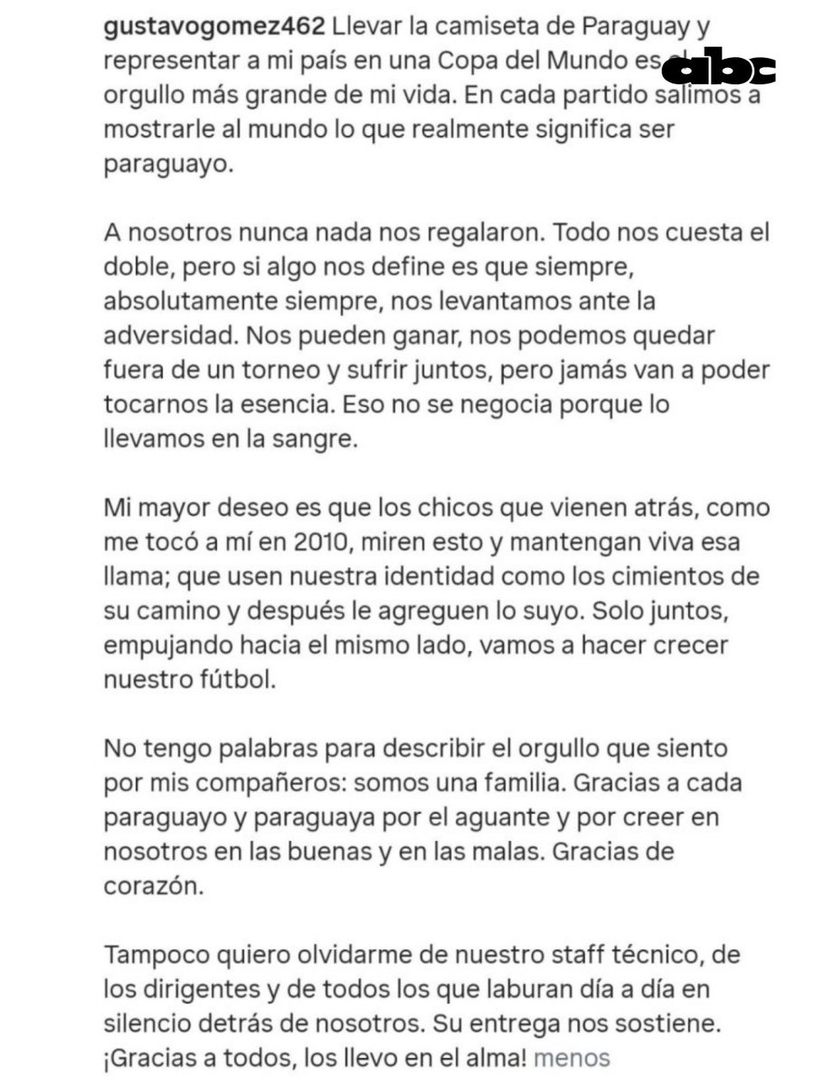 ABCDeportes's tweet photo. LAS PALABRAS DEL CAPITÁN DE LA ALIBIRROJA🇵🇾

➡Gustavo Gómez escribió en su cuenta de Instagram luego de la eliminación ante Francia en los octavos de final del #MundialxABC y agradeció a todo el país por el apoyo durante todo el torneo.

🗣"Nos pueden ganar, nos podemos quedar fuera de un torneo y sufrir juntos, pero jamás van a poder tocarnos la esencia. Eso no se negocia porque lo llevamos en la sangre", escribió.

#ABCDeportes #ElJuegoQueSentimos #730AM