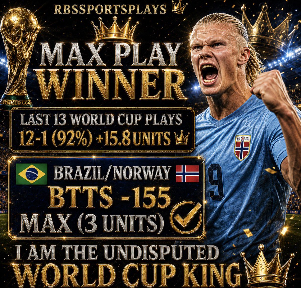 RBsSportsPlays's tweet photo. BOOOOOOOMMMMMMMM

CASH the World Cup Play of the Tournament!!!

Brazil/Norway BTTS -155 MAX (3 Units)✅

Last 13 World Cup Plays 12-1 (92%) +15.8 Units 👑

NO ONE is doing it LIKE The DANCING Team 🕺🏻 https://t.co/qfS3NNKLDL