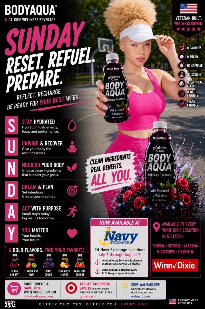 djwillywill72's tweet photo. 🌞 Sunday Reset. Refuel. Prepare.

The way you finish your weekend sets the tone for your week.

This Sunday, choose clean hydration, recharge your body, and get ready to take on every opportunity ahead with BodyAqua® Wellness Beverage.

✔ 0 Calories
✔ 0 Sugar
✔ Essential B Vitamins
✔ Electrolytes
✔ Choline for Cognitive Support
✔ No Caffeine
✔ No Sodium
✔ No Artificial Colors
✔ Diabetic Friendly
✔ Vegan Friendly

Clean ingredients. Real benefits. All you.

🇺🇸 Veteran Built. Wellness Driven.

⚓ Now Available at 24 Navy Exchange locations across 24 states
📅 Available July 7 through August 7
🚢 Also available aboard every U.S. Navy ship worldwide.

📍 Available at every Winn-Dixie location throughout Florida, Georgia, Alabama, Mississippi, and Louisiana.

🛒 Shop Direct & Save 10% with Subscription:
https://t.co/7EsckAVeU5

🎯 https://t.co/tS0vlnMchP
Target Circle Card shoppers save $5 on every order:
https://t.co/YzteuMJagx

🛍️ Shop https://t.co/ErlnrVJWqD:
https://t.co/otebehsfEP

Available online at https://t.co/ErlnrVJWqD and https://t.co/tS0vlnMchP. Marketplace availability only. Not currently available in Walmart or Target retail stores.

#BodyAqua #SundayReset #VeteranBuiltWellnessDriven #NavyExchange #USNavy #MilitaryCommunity #Hydration #Wellness #HealthyLiving #DiabeticFriendly #VeganFriendly #Electrolytes #BVitamins #CleanIngredients #WinnDixie #Target #Walmart #DrinkBodyAqua #BetterChoicesBetterYou