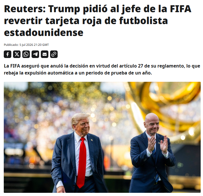 ActualidadRT's tweet photo. 🇺🇸📞Donald Trump llamó al presidente de la FIFA, Gianni Infantino, para pedir que se revocara la tarjeta roja que el delantero estadounidense Folarin Balogun recibió en el encuentro del 2 de julio contra Bosnia y Herzegovina, informa Reuters. https://t.co/NGX9dmQ6Y8