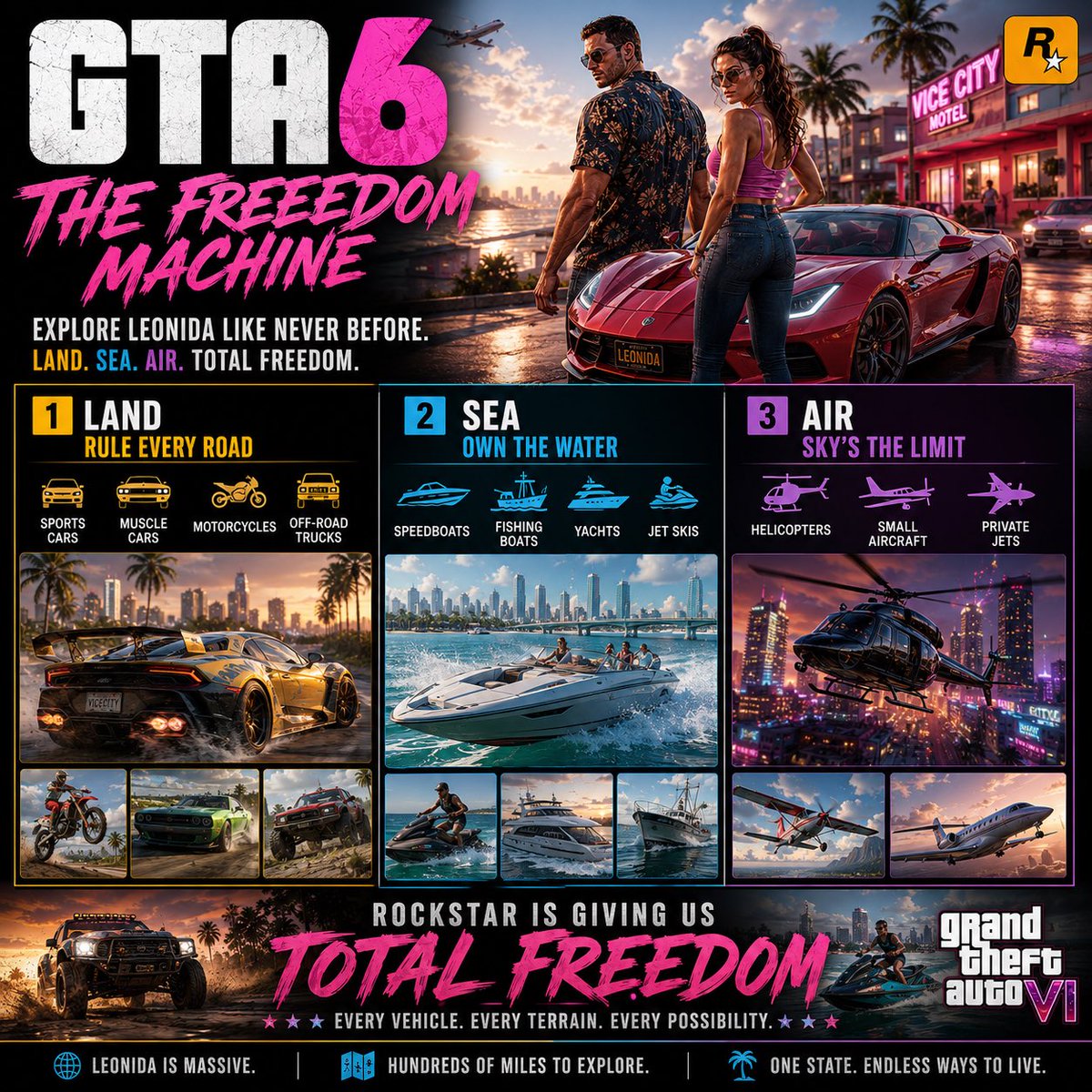 AssassinParks's tweet photo. Hot Take:

GTA 6’s graphics aren’t the biggest upgrade.

The world simulation is.

✅ Massive crowds
✅ Wildlife
✅ Nightlife
✅ Land, sea &amp; air travel

Vice City feels alive.

Bigger map or smarter NPCs?

#GTA6 #RockstarGames #Gaming https://t.co/hTUVHpUyqf