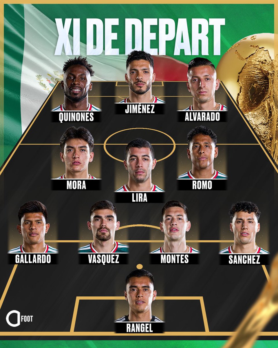 ActuFoot_'s tweet photo. 🚨🚨 OFFICIEL ! LE XI DE DÉPART DU MEXIQUE POUR AFFRONTER L'ANGLETERRE ! 🇲🇽

40 ans après, les Mexicains rêvent de retrouver les quarts de finale de la Coupe du monde ! 

Porté par un stade Azteca en fusion, le Mexique espère faire tomber les Three Lions ! 🔥

Même XI de départ que face à l'Équateur. ✅