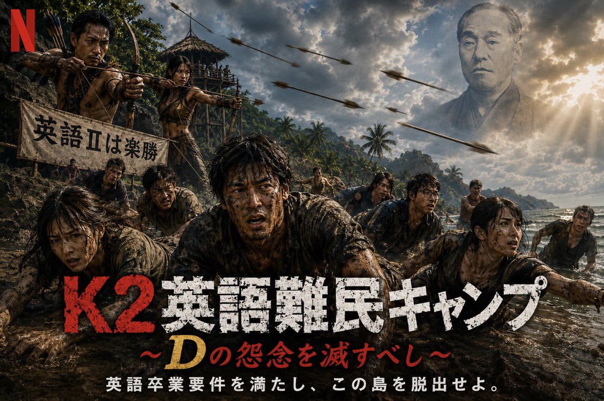 courage_okazaki's tweet photo. 「英語難民キャンプ」の夢を見た。

英語Ⅱに苦戦している人たちが無人島に集められて、「英語Ⅱは楽勝」と言っている原住民の弓矢攻撃を受けながら、脱出を目指してサバイバルしてた。やがて友情が芽生え、助け合い、励まし合って成長していくストーリーだった。

ドラマ化したい。 https://t.co/FnYYVTkowc