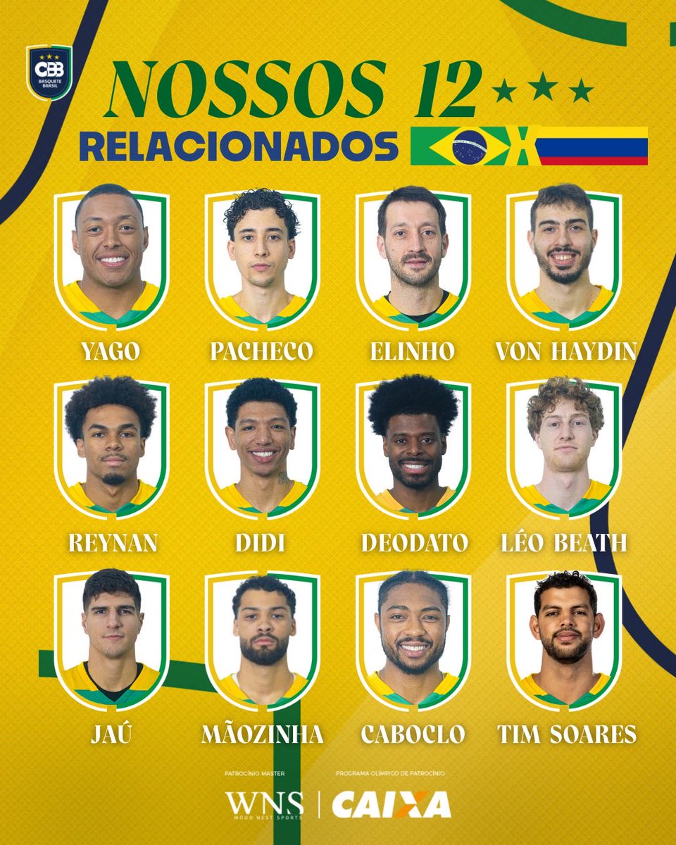 basquetebrasil's tweet photo. Os nossos 𝑫𝑶𝒁𝑬 relacionados para Brasil x Colômbia! 🇧🇷🏀

A comissão técnica definiu os 12 atletas para o duelo desta segunda-feira, 6, contra a Colômbia, pela sexta rodada das Eliminatórias da Copa do Mundo FIBA Catar 2027.

🇧🇷 Yago Mateus
🇧🇷 Caio Pacheco
🇧🇷 Elinho Corazza
🇧🇷 Daniel Von Haydin
🇧🇷 Reynan Gabriel
🇧🇷 Didi Louzada 
🇧🇷 Gui Deodato
🇧🇷 Léo Beath
🇧🇷 Gabriel Jaú
🇧🇷 Mãozinha Pereira
🇧🇷 Bruno Caboclo
🇧🇷 Tim Soares

🆚 Colômbia 🇨🇴 
📅 6 de julho
⏰ 21h10 (BRT)
📍 Cali, Colômbia
📺 CazéTV

Vamos, Brasil! 🇧🇷