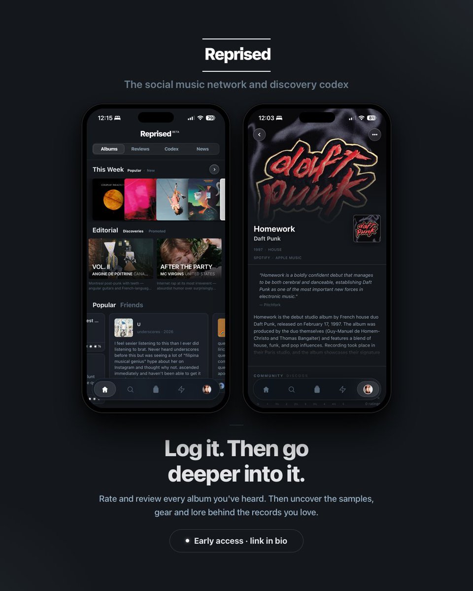 byreprised's tweet photo. A pair of chiflados.

Track and rate your music, keep up with your friends’, then discover lore, lyrical analysis, samples, gear and more for millions of albums with https://t.co/5YA5SIpyXb, the social network for serious music lovers. Link in bio.

#reprised https://t.co/WvfA5xmYvq