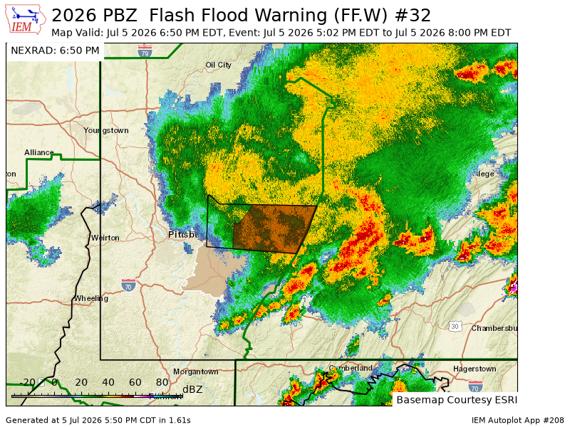DynamicWx_OH's tweet photo. PBZ updates Flash Flood Warning [flash flood: observed] (cancels Armstrong [PA], continues Indiana, Westmoreland [PA]) till Jul 5, 8:00 PM EDT https://t.co/LkxiGKXgwr https://t.co/g5FPn0wTnd