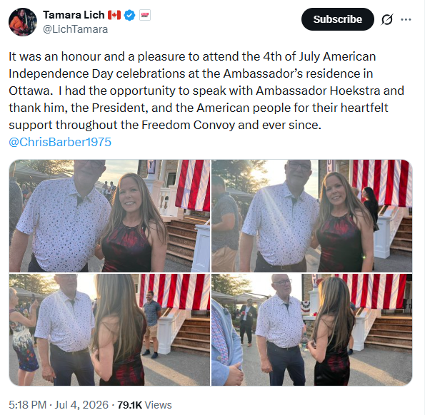 JimboStanford's tweet photo. Inviting a key organizer of the Ottawa anti-vax blockade, convicted of criminal mischief for her actions, to celebrate July 4 at the US embassy and pose chummily with the ambassador, surely constitutes foreign interference in Canadian democracy and law. Just shameful. #cdnpoli https://t.co/Xasbd8oA91