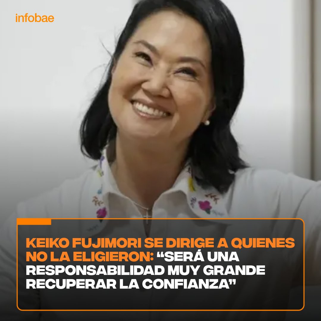 infobaeperu's tweet photo. ¡Anticipó que su gobierno buscará fortalcer el diálogo político! 🔴 La mandataria electa Keiko Fujimori afirmó este domingo que comprende la “fragmentación que existe” en el país y consideró que recaerá sobre su administración una “responsabilidad muy grande” para “recuperar la confianza de aquellos” que no la apoyaron en las urnas.

“Con profunda gratitud recibo esta gran responsabilidad que la mitad de peruanos me está dando. Con mucha humildad, entiendo también el mandato y la fragmentación que existe en el Perú”, expresó durante una entrevista con el medio ecuatoriano.

Fujimori indicó que la campaña “ya terminó” y comienza un nuevo quinquenio en el que se requerirá “más esfuerzo”, en especial por parte de la población del sur, donde persiste una mayor desconfianza.

📌 Más información ➡️ https://t.co/3m3TMYEwGo