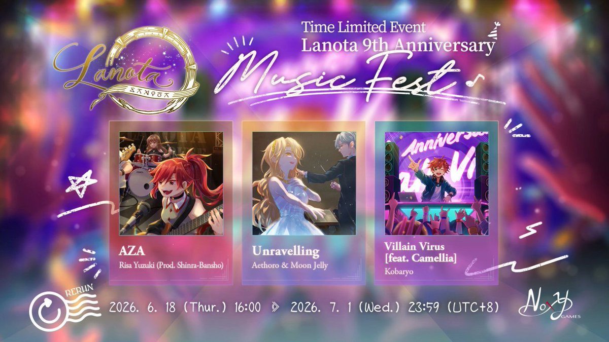 DancerZone's tweet photo. 🎉 ¡Regresa el evento del **9.º Aniversario** de Lanota!
📅 Disponible hasta el **1 de julio**.
🎵 Desbloquea 3 canciones permanentes, incluido un desafiante boss song.
✨ Además, el Subscription Chapter recibe una nueva canción de **Lundy**.
#Lanota #RhythmGames https://t.co/aF0GboxYfw