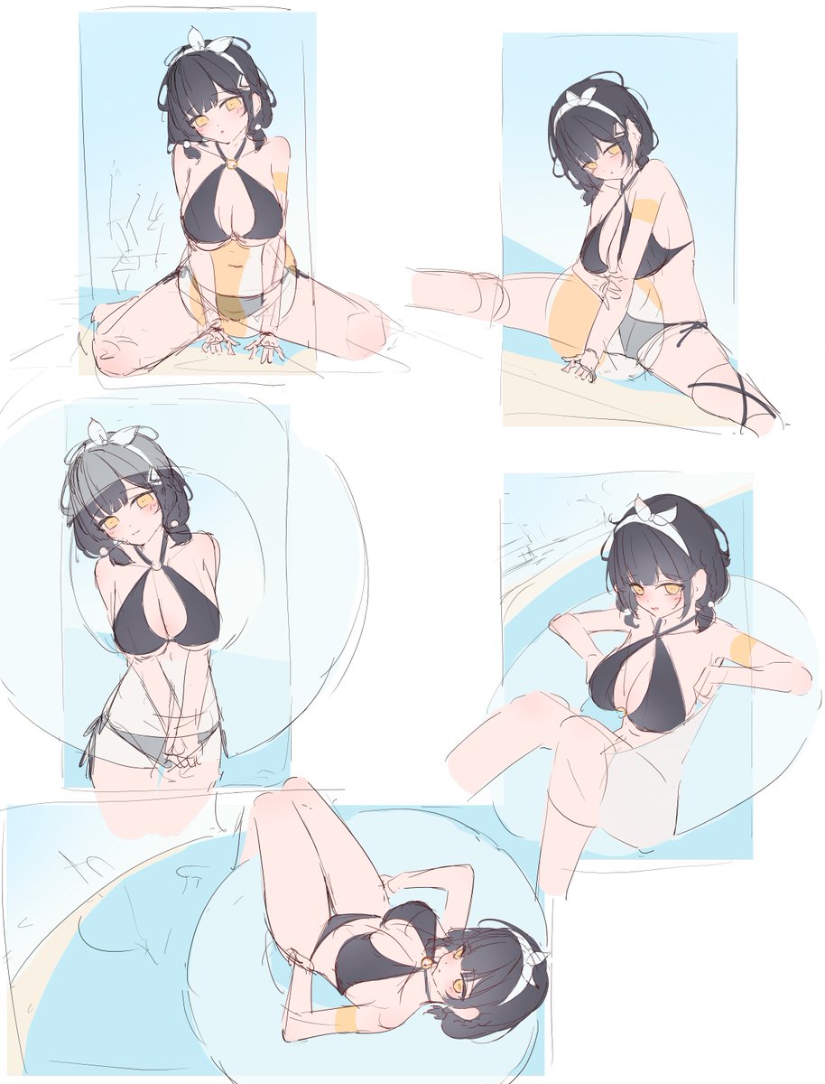 chisui975's tweet photo. コハクの新作水着デザインが良すぎて、構図ラフを5つ描きました！どれで清書するか迷ってます……皆さんはどのコハクが一番見たいですか？

あと、今回の新水着イラストって等身版とミニキャラ版で、パンツの猫耳など「デザインの違い」がある気がするのですが……有識者の方どうですか！？ https://t.co/dmTdfHMG8Y