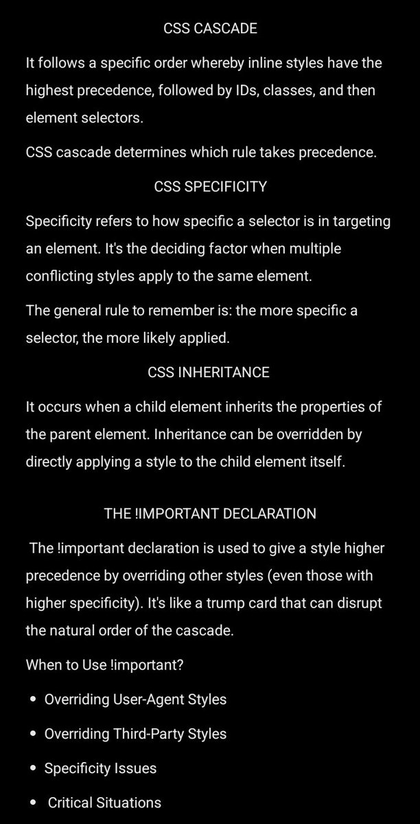 JemTee_44's tweet photo. DAY 4 ON ESSENTIALS OF CSS.

Here's what I learned today:
Applying cascade, specificity and inheritance to styles✅
Using the !important declaration ✅

#css #webdev #LearningInPublic #now https://t.co/bGpnFbsZ2u