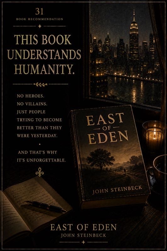 Books_Reviews_1's tweet photo. No heroes.

No villains.

Only human beings.

Trying.
Failing.
Beginning again.

East of Eden may be one of the most profound novels ever written.

Because it understands people.

And people rarely understand themselves.

📚 East of Eden https://t.co/TynOZwlPmt