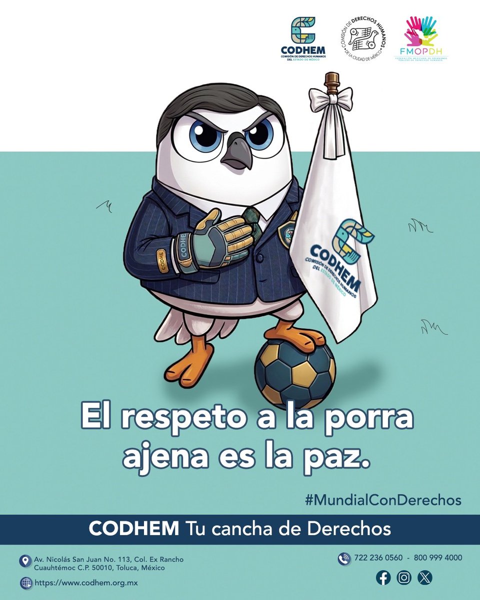 CODHEM's tweet photo. ⚽ La pasión por el futbol se disfruta mejor cuando se vive con respeto. Apoyar a un equipo nunca debe convertirse en motivo de violencia o confrontación. 🤝🏼

#CODHEM
#MundialConDerechos
#MásCercaDeTi https://t.co/Z7e5kVcsiU