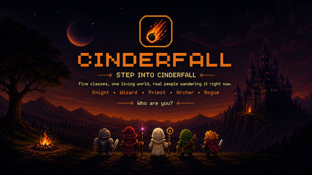 CinderfallGame's tweet photo. Step into Cinderfall.

Five classes, one living world, real people wandering it right now. Knight, Wizard, Priest, Archer, Rogue. 

Who are you? https://t.co/987Tgx6b0T https://t.co/mMXRX6I4sS
