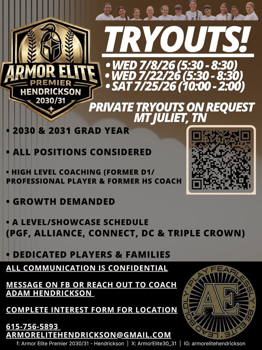 ArmorElite30_31's tweet photo. ⚔️🛡️‼️ TRYOUTS ‼️🛡️⚔️ 

As we transition to Armor Elite Fastpitch, we have a few dates for tryouts

Wednesday July 8: 5:30p-8:30p
Wednesday July 22: 5:30p-8:30p
Saturday July 25: 10:00a-2:00p

Please complete the form in the link below for location

https://t.co/vzzQ5XgwkD https://t.co/S3TpKBFgnj