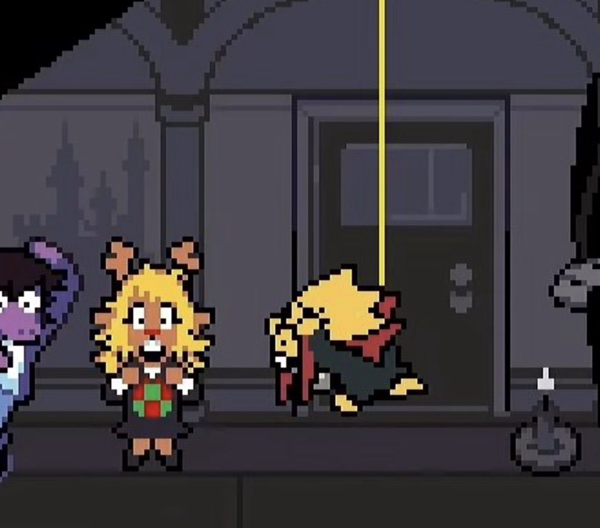 MariSaysWah's tweet photo. Toby was kinda evil for having the character who commits suicide in most of Undertale’s endings hang from a rope on the ceiling during the festival https://t.co/dErxLxUuve
