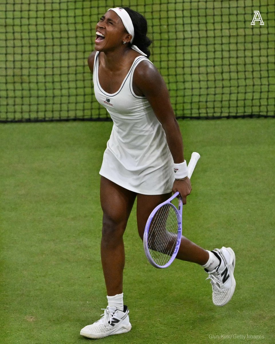 TheAthletic's tweet photo. Coco Gauff beat Belinda Bencic to reach her first-ever Wimbledon quarterfinal.

Gauff tapped her wrist as if it were a watch, serving out the victory just two minutes before the strict 11 p.m. curfew.

Details:
https://t.co/0ijU9Z4R5A https://t.co/l4IPz7yiBZ