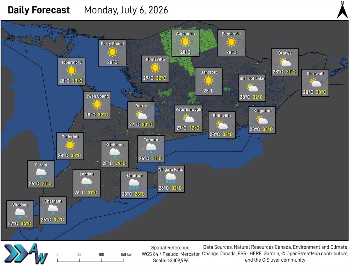 AdvanceWeather's tweet photo. Monday will bring heavy rain at times to the Golden Horseshoe, with some showers in Southwestern Ontario and the GTA. Clouds will decrease through the day, leading to mainly sunny skies to sun mixing with clouds elsewhere. https://t.co/65JuOfgYeN