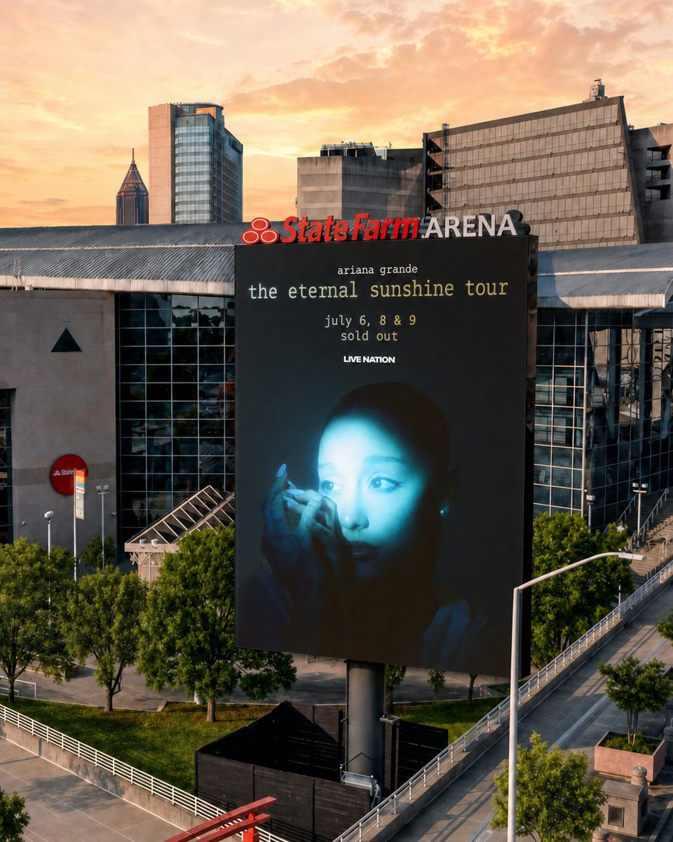 StateFarmArena's tweet photo. This is the part when you get excited ✨ because tomorrow we’re kicking off The Eternal Sunshine Tour in Atlanta 🩵 Get your official Ariana Grande Tour merch early outside the arena on State Farm Drive at the below times: 

✨ Monday: 3 PM - Post-show 
✨ Tuesday: 12-5 PM
✨ Wednesday:  3 PM - Post-show 
✨ Thursday:  3 PM - Post-show