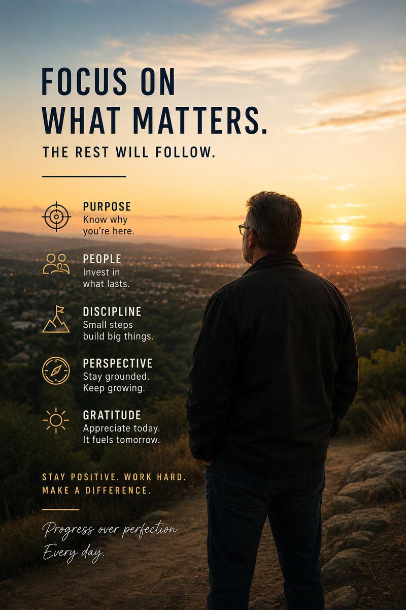jvhecker's tweet photo. Focus on what matters. Everything else gets easier when your priorities are clear.

Purpose. People. Discipline. Perspective. Gratitude.

Progress beats perfection every time.

💬 What's the ONE thing you're focusing on this week that will move your life forward? https://t.co/1COdrMqkGJ