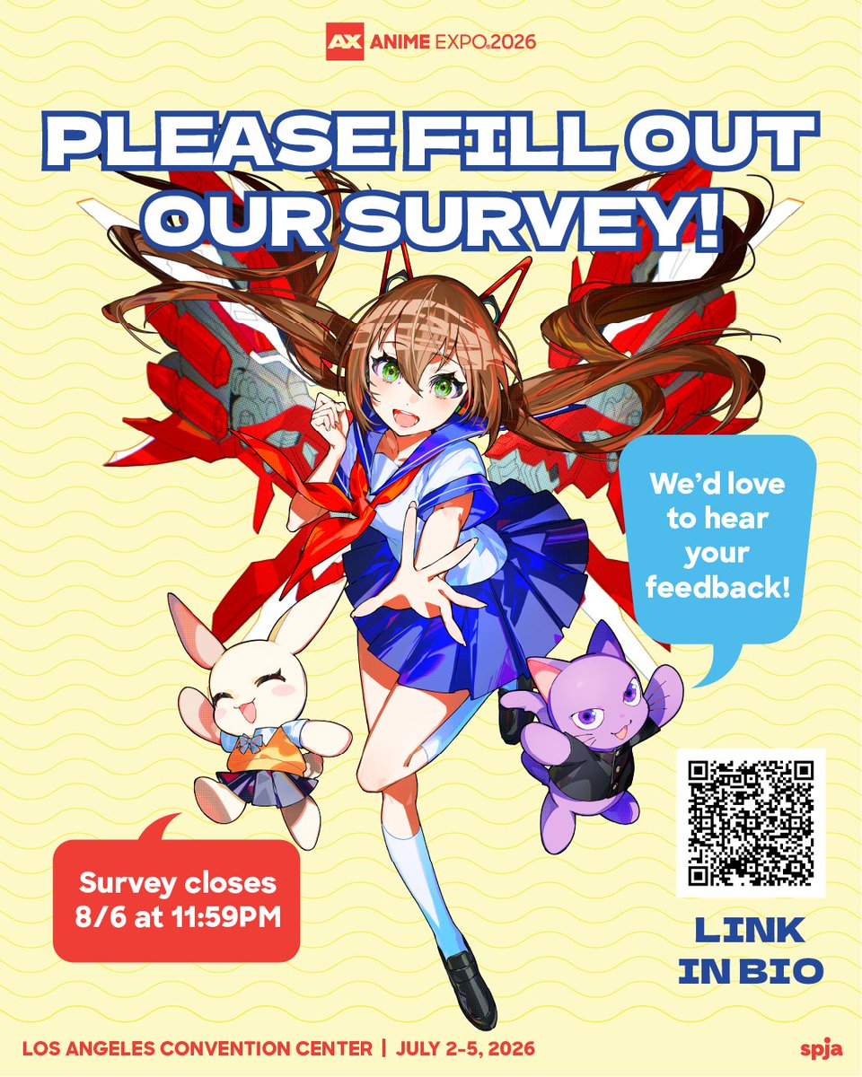 AnimeExpo's tweet photo. We want to hear from you! 📣 Please fill out our survey and share your feedback. Your thoughts help us make AX even better. Thank you! 😊

🔗 https://t.co/fLx87ene4o

#AnimeExpo #AX2026 #AnimeExpo2026 #Anime #Japan #LosAngeles https://t.co/zQCcioS6RF