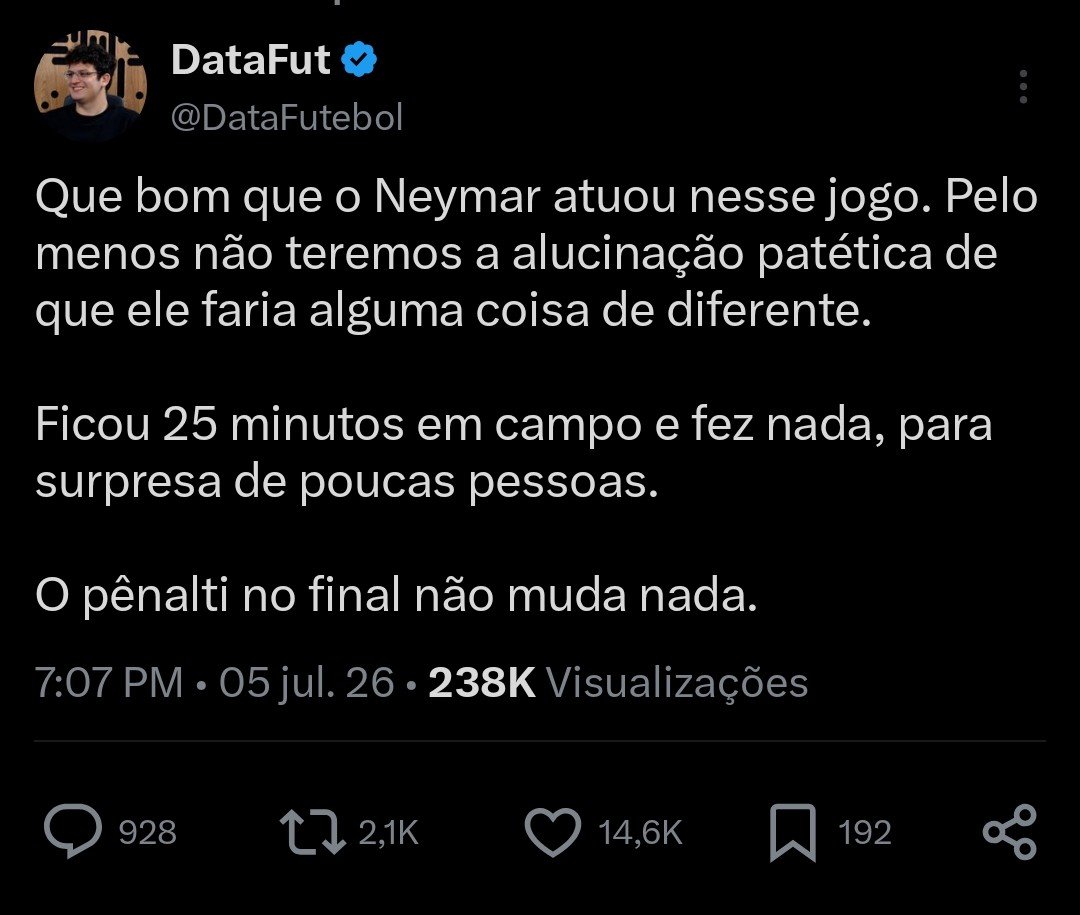 SantosOpressivo's tweet photo. Neymar faz o gol: não fez nada, culpado pela eliminação 

Endrick perde um gol claro: a culpa não foi dele, tadinho

ISSO É DATA FUT https://t.co/P1yKj1BzTC