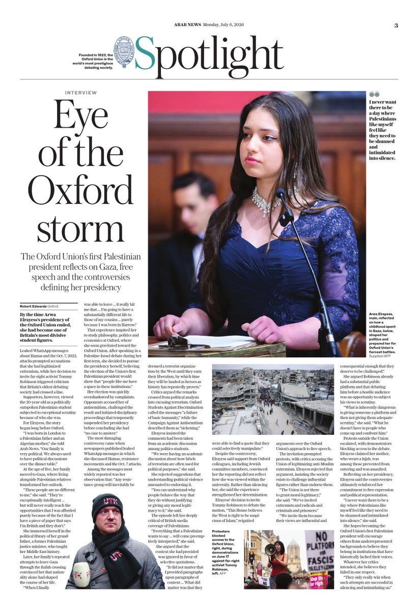 arabnews's tweet photo. @OxfordUnion #SPOTLIGHT: From #Gaza to the #OxfordUnion, Arwa Elrayess reflects on identity, free speech &amp; the controversies that defined her presidency. Read more here https://t.co/VJk3gFf39i https://t.co/2cE8c5WbBQ