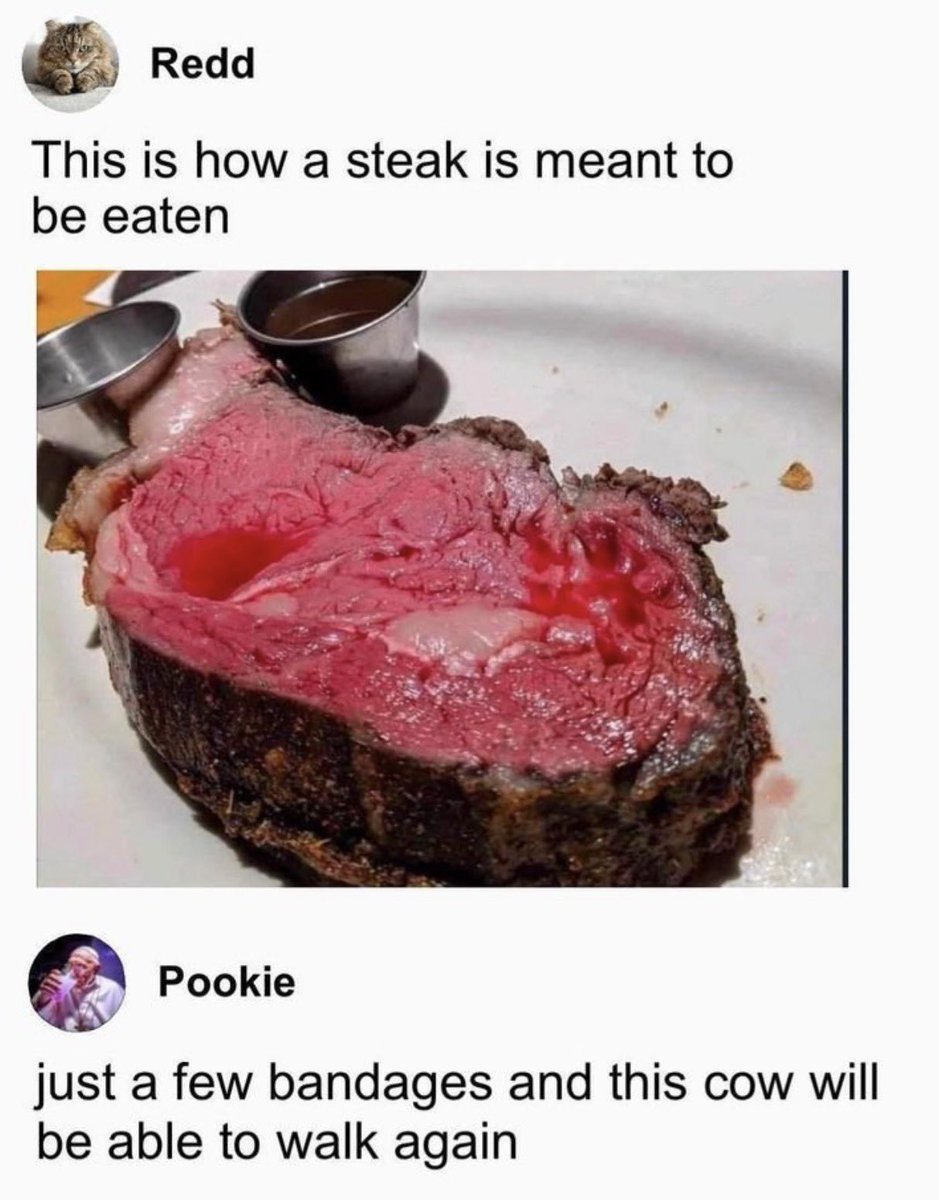 UncheckedVibe's tweet photo. That’s not a steak, that’s just a minor injury.

#MemeCulture #FoodMemes #RelatableMemes #FunnyMemes #Shitposting https://t.co/JRtqYlcnHn