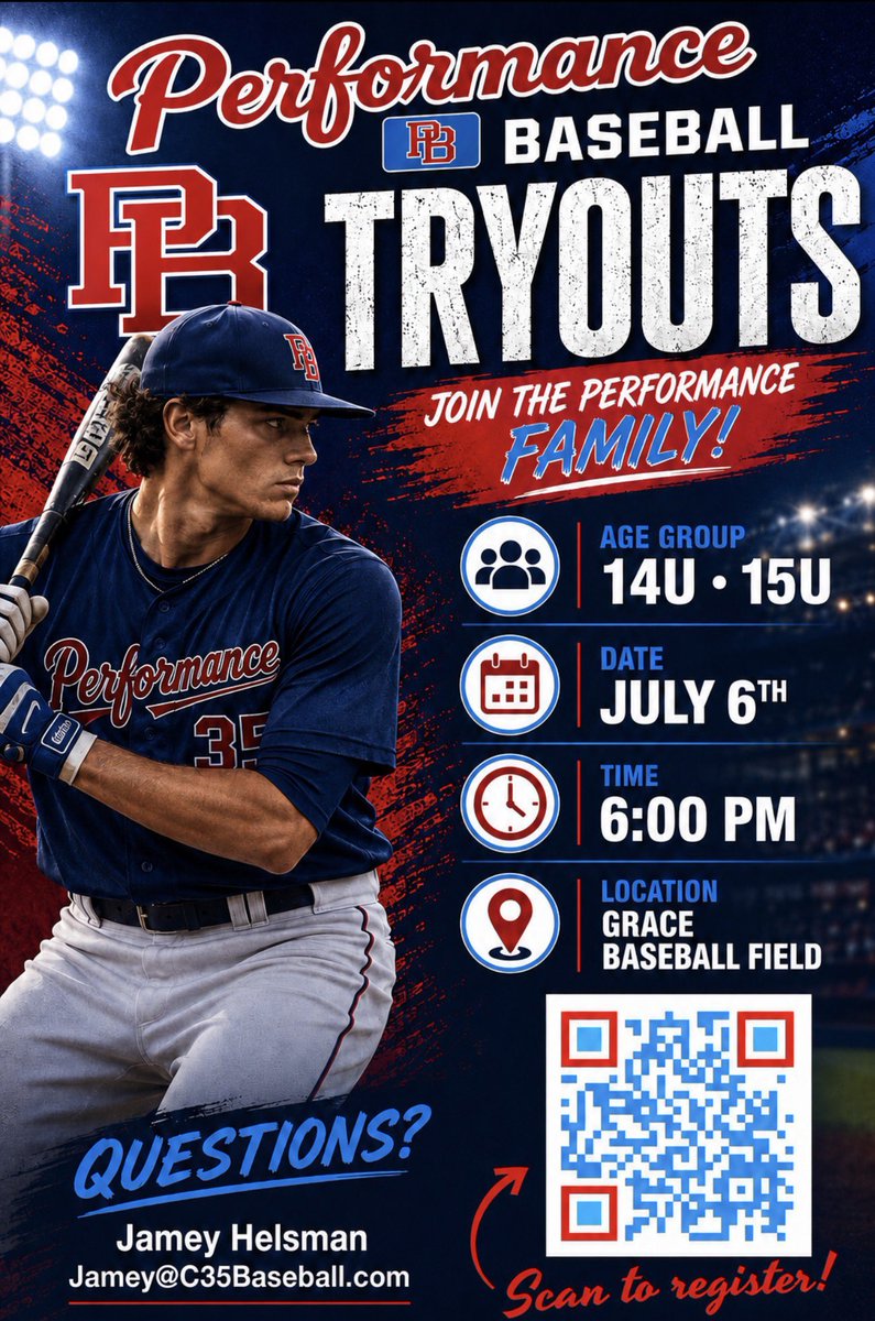 ThreeFiveFamily's tweet photo. 🚨UPDATE🚨
15U has been added to tomorrow’s tryouts along with 14u. 

📆Tomorrow July 6th 
⏰6:00pm 
🏟️Crusader Park (Grace Christian) 
📍Sanford, NC 

Scan the QR to register. 
@Performance_X2 https://t.co/nFftg0tjeD