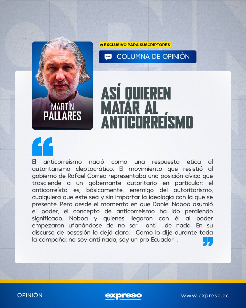 Expresoec's tweet photo. #OPINIÓN | "Cuando el anticorreísmo pasa de defender la democracia a ser propaganda al servicio del poder, pierde su legitimidad moral", escribe Martin Pallares.

Lee su columna completa 👉 https://t.co/CPlyS50BSn https://t.co/R6YpBuF1Df