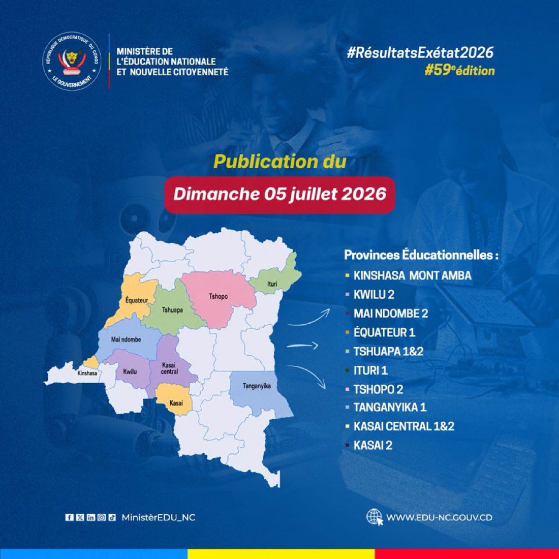 nakelasi's tweet photo. #exetat2026: Publication des résultats

Publication imminente ce dimanche 05 juillet des résultats des provinces éducationnelles suivantes :

✅ Kinshasa Mont Amba
✅ Kwilu 2
✅ Maindombe 2
✅ Équateur 1
✅ Tshuapa 1
✅ Tshuapa 2
✅ Ituri 1
✅ Tshopo 2
✅ Tanganyika 1
✅ Kasaï Central 1
✅ Kasaï Central 2
✅ Kasaï 2