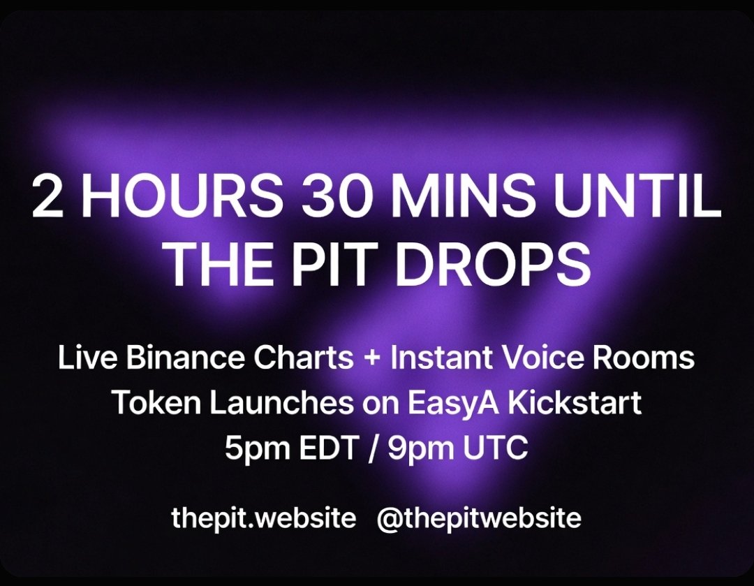 thepitwebsite's tweet photo. 2 hours and 30mins until THE PIT drops.

Live charts + voice rooms with other traders.

The token becomes the backbone for the future of the platform

.5pm EDT / 9pm UTC on EasyA Kickstart.

Built with Forge.

https://t.co/8ol5bOO8kY https://t.co/nx6xabMi2C