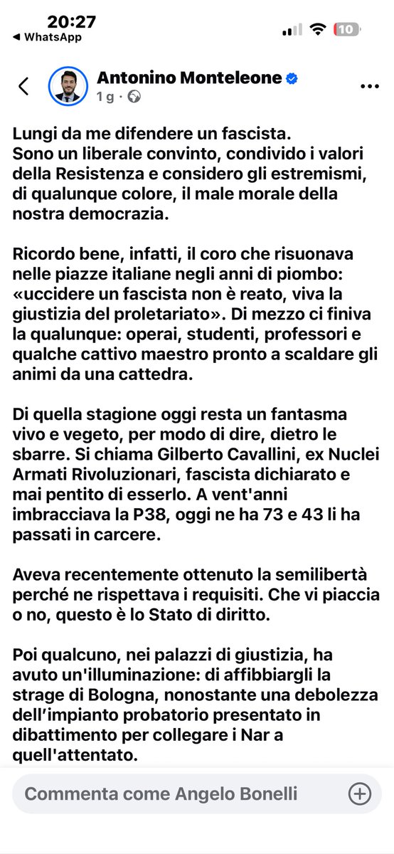 AngeloBonelli1's tweet photo. Antonino Monteleone premiato in Rai con la conduzione di un talk show, difende Gilberto Cavallini terrorista condannato a nove ergastoli, di cui uno per la strage di piazza Bologna e per l'omicidio del giudice Amato, con sentenze della Cassazione.  Esempio di vergogna e infamia https://t.co/amO6SyH80I