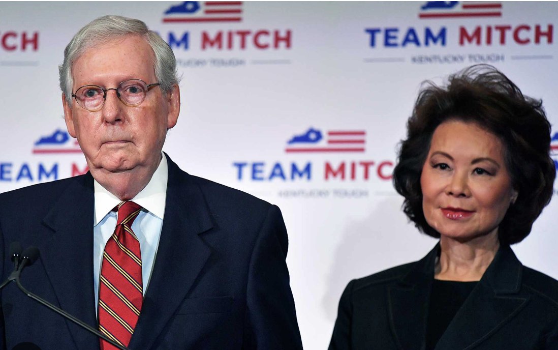 DawnsMission's tweet photo. Senator Mitch McConnell has been hospitalized after suffering a cardiac arrest. 

Meanwhile, his wife Elaine Chao flew to Beijing to meet with a top Chinese Communist Party official.  With McConnell out of commission, who are the Chinese going to use now? 

We need to get all of these people working with the Communists out of Congress!