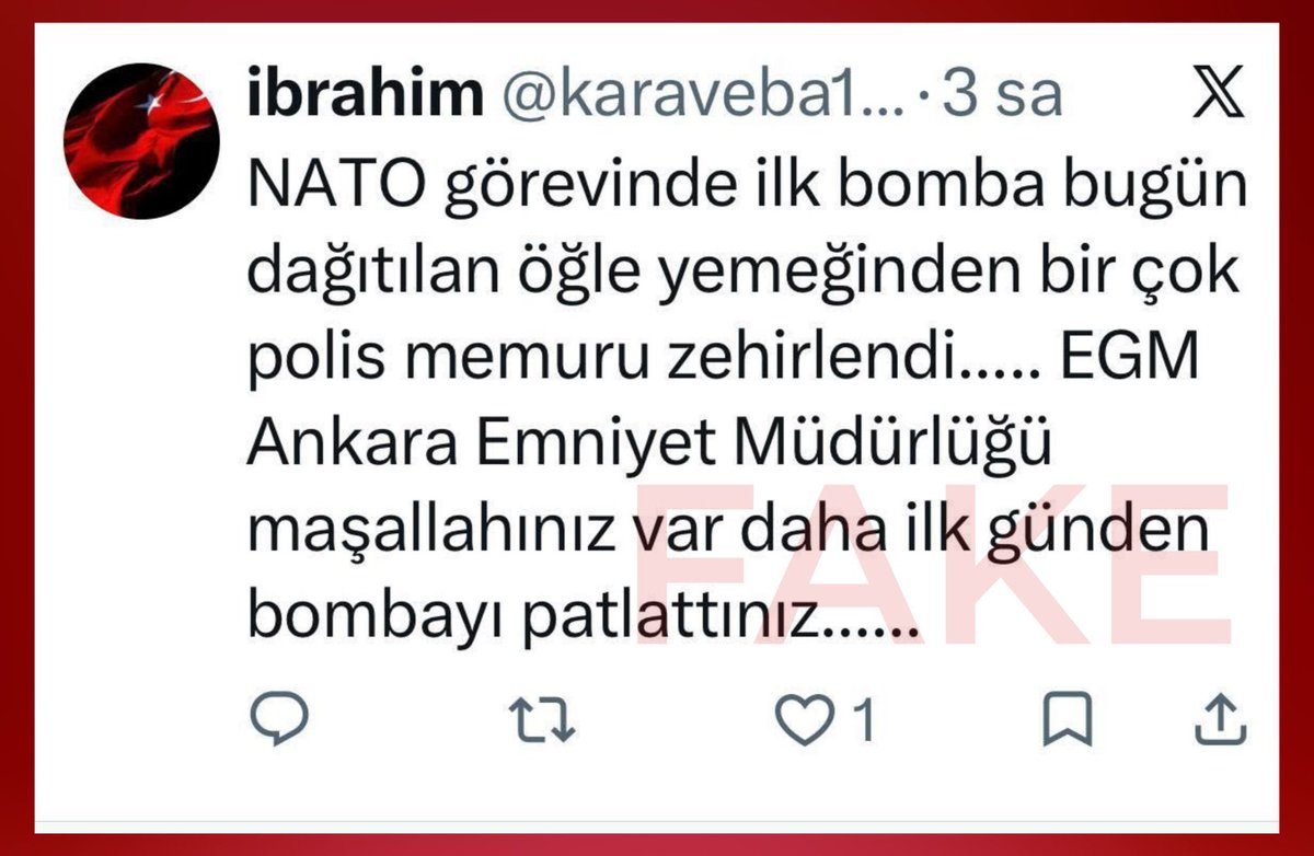 thshaber's tweet photo. "Ankara'da NATO görevinde Polis zehirlendi" iddiasının FETÖ bağlantılı hesaplar tarafından dolaşıma sokulduğu ortaya çıktı. https://t.co/bpeP8QzJCn