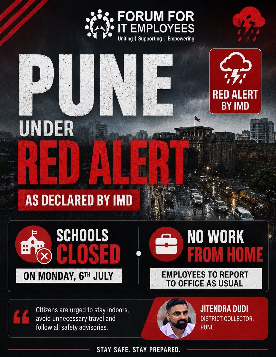 FITEMaharashtra's tweet photo. Pune Hon Collector orders schools to be closed on Monday &amp; employees to report to office in boats .
Why #WorkfromHome advisory is never given for IT companies when most employees travel via water logged roads ? 
@CollectorPune @CMOMaharashtra https://t.co/VMnysTix6Q
