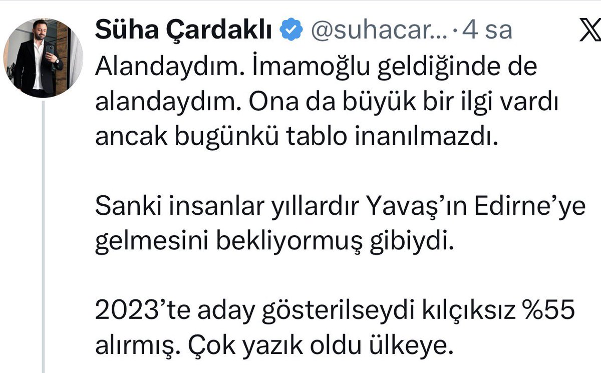 ankarayaziyor's tweet photo. Gazeteci Süha Çardaklı: Bugünkü tablo inanılmazdı.

Sanki insanlar yıllardır Mansur Yavaş’ın Edirne’ye gelmesini bekliyor gibiydi.

@suhacardakli https://t.co/xUSG3iXEVq