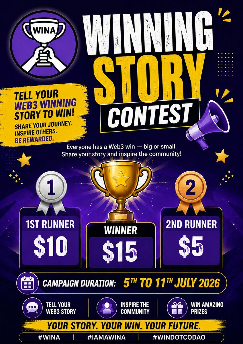 WinacoinDao's tweet photo. ๐ WINNING STORY CONTEST ๐
Do you have a Web3 success story worth sharing? Now is your chance to inspire the community and win rewards!
How to Participate:
โ
Create and post one entry daily.
โ
Use the official WINA holding logo in your post.
โ
Tag @win_co_dao @winacoindoa @sir_talus
โ
Write an engaging story about your Web3 winning journeyโwhether it's your first airdrop, trading profit, NFT success, staking rewards, community achievement, or any milestone that made you feel like a winner.
โ
End your story with:
I am a $wina (winner)
โ
Make your daily entry here by submitting your post link here
https://t.co/hJqrk63Ebb
Prizes
๐ Winner โ $15
๐ฅ 1st Runner-up โ $10
๐ฅ 2nd Runner-up โ $5
Duration: 5th to 11th July, 2026
Don't forget to include these hashtags in every entry:
$WINA #IAMAWINA #WINDOTCODAO
Share your journey. Inspire others. Show the world why you're a $WINA!๐๐ฅ
